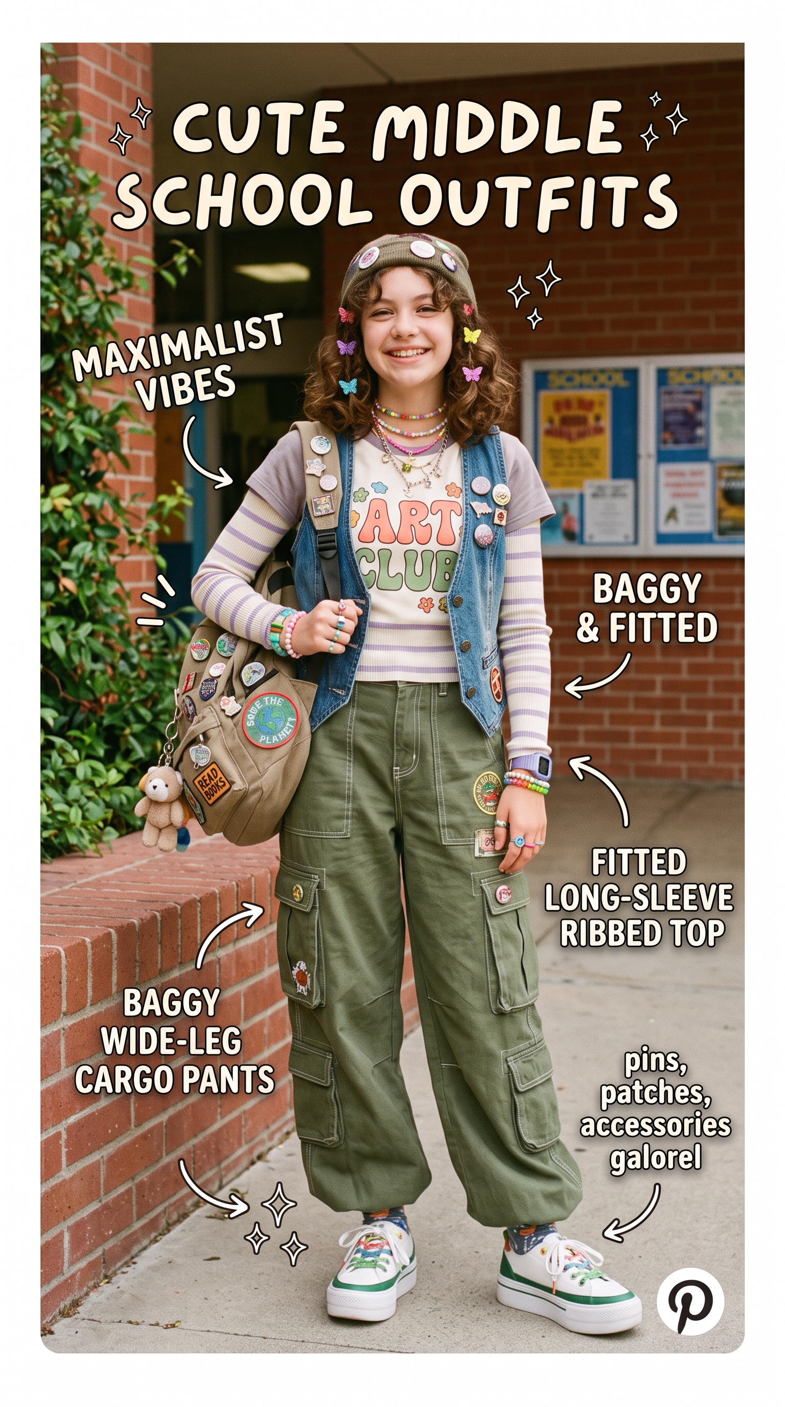 Cute school outfit for middle school: Classic High-Waisted Stretch Denim Jeans with Chunky Open Knit Cardigan and Canvas Tote (AI Generated Image)
