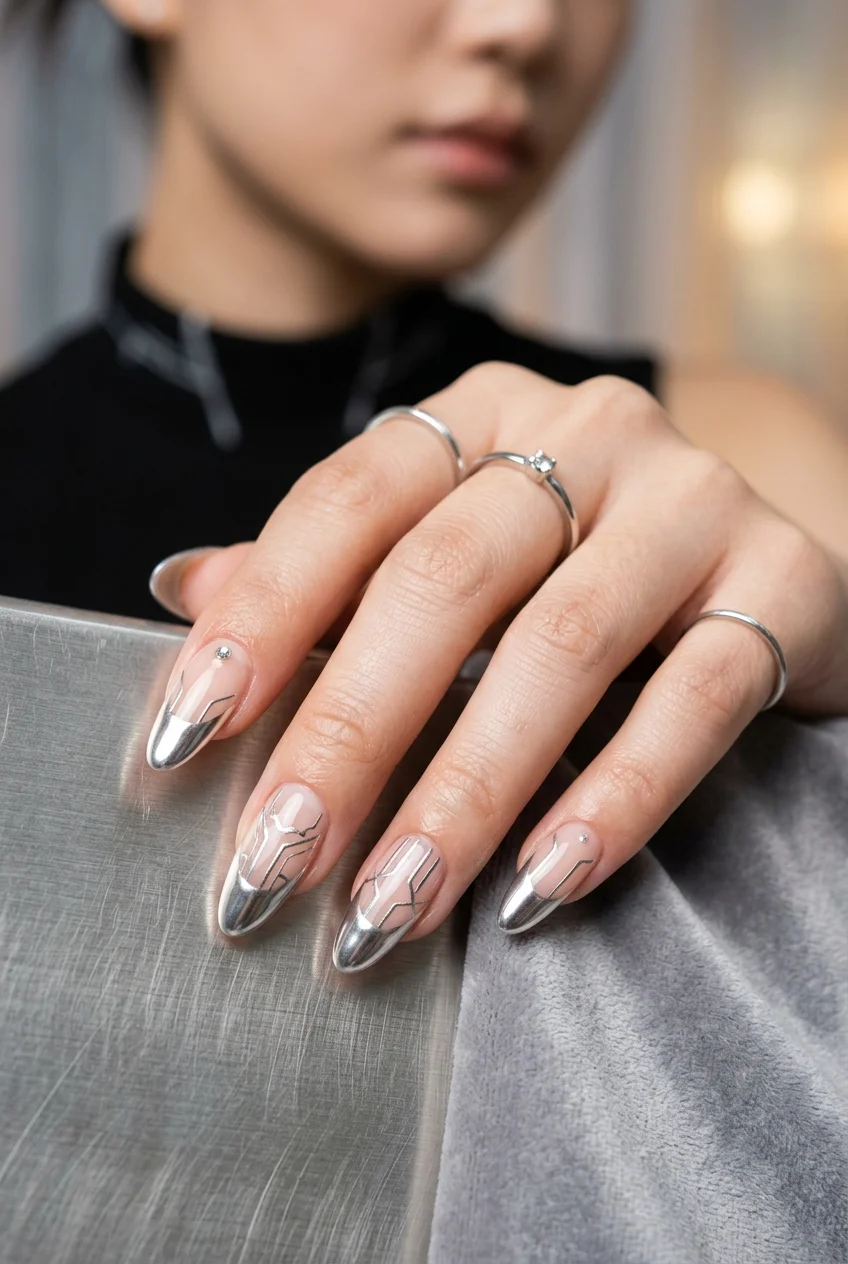 Cyber French Negative Space Metallic Linework - aespa nail designs (AI Generated Image)