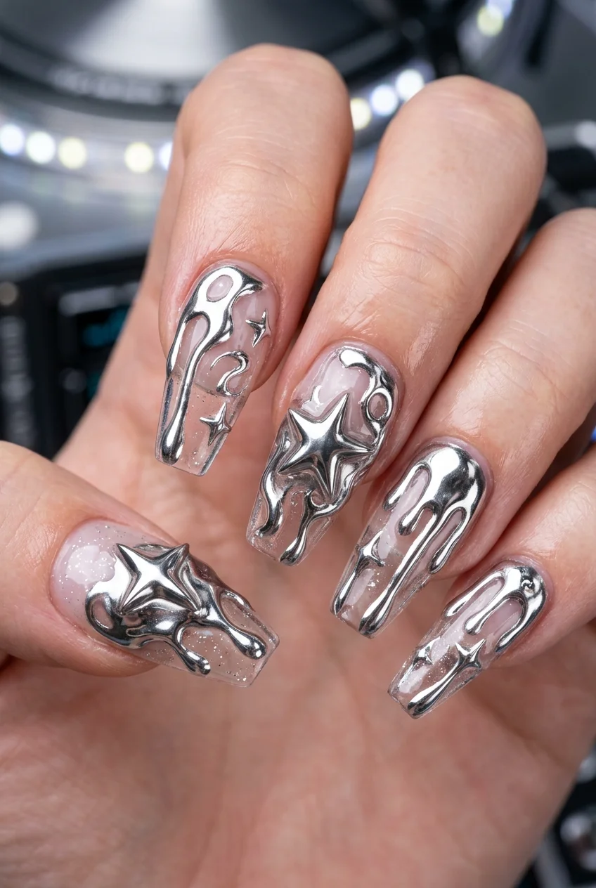 newjeans nail art cyber y2k liquid silver chrome drips and star clusters (AI Generated Image)