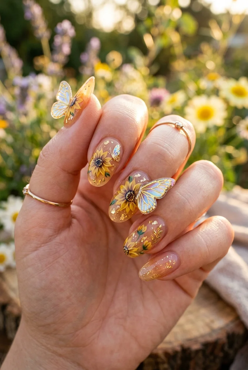 newjeans nail art danielle golden sunflower and holographic butterfly nails (AI Generated Image)
