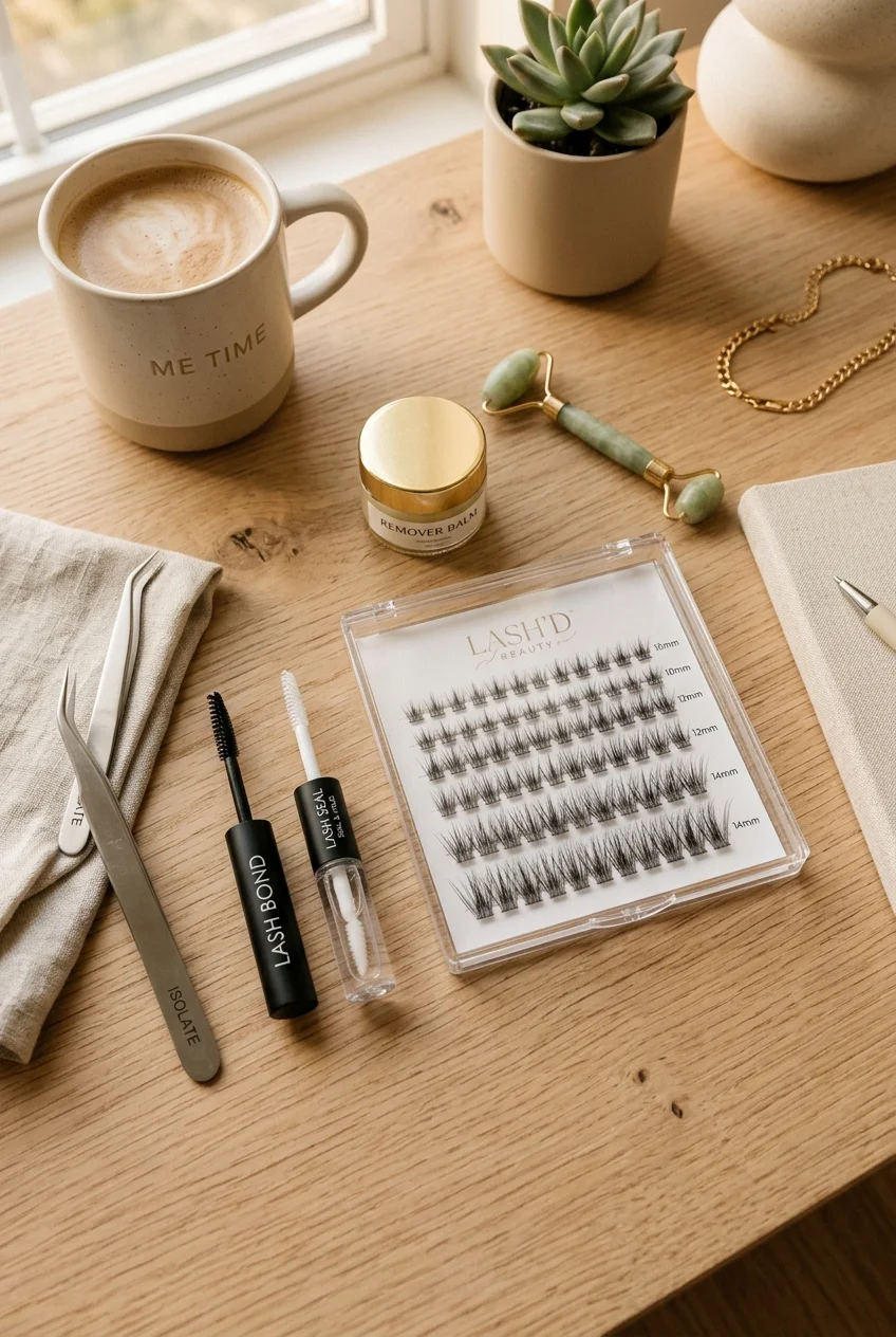 DIY at-home wispy hybrid lash cluster kit with isolation tweezers and bond (AI Generated Image)