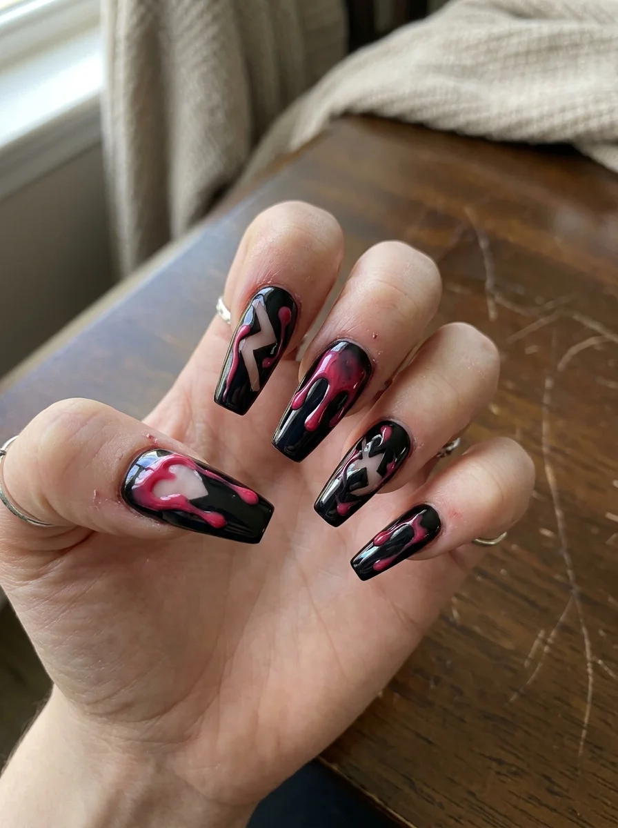 Dripping Blood-Pink & Inky Black Negative Space Cutouts - blackpink nail designs (AI Generated Image)