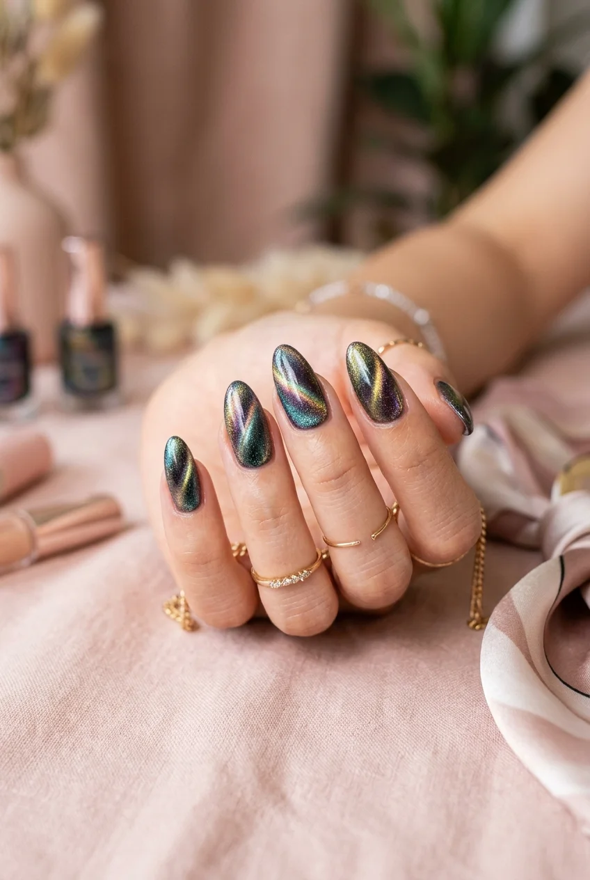 Dual-Wand 360-Degree Velvet Cat Eye Almond Nails - aespa nail designs (AI Generated Image)