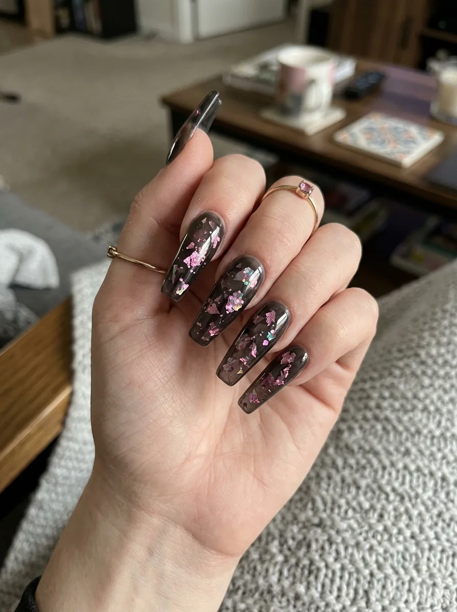 Encapsulated Pink Holographic Foil Shards in Smoked Black Gel - blackpink nail designs (AI Generated Image)