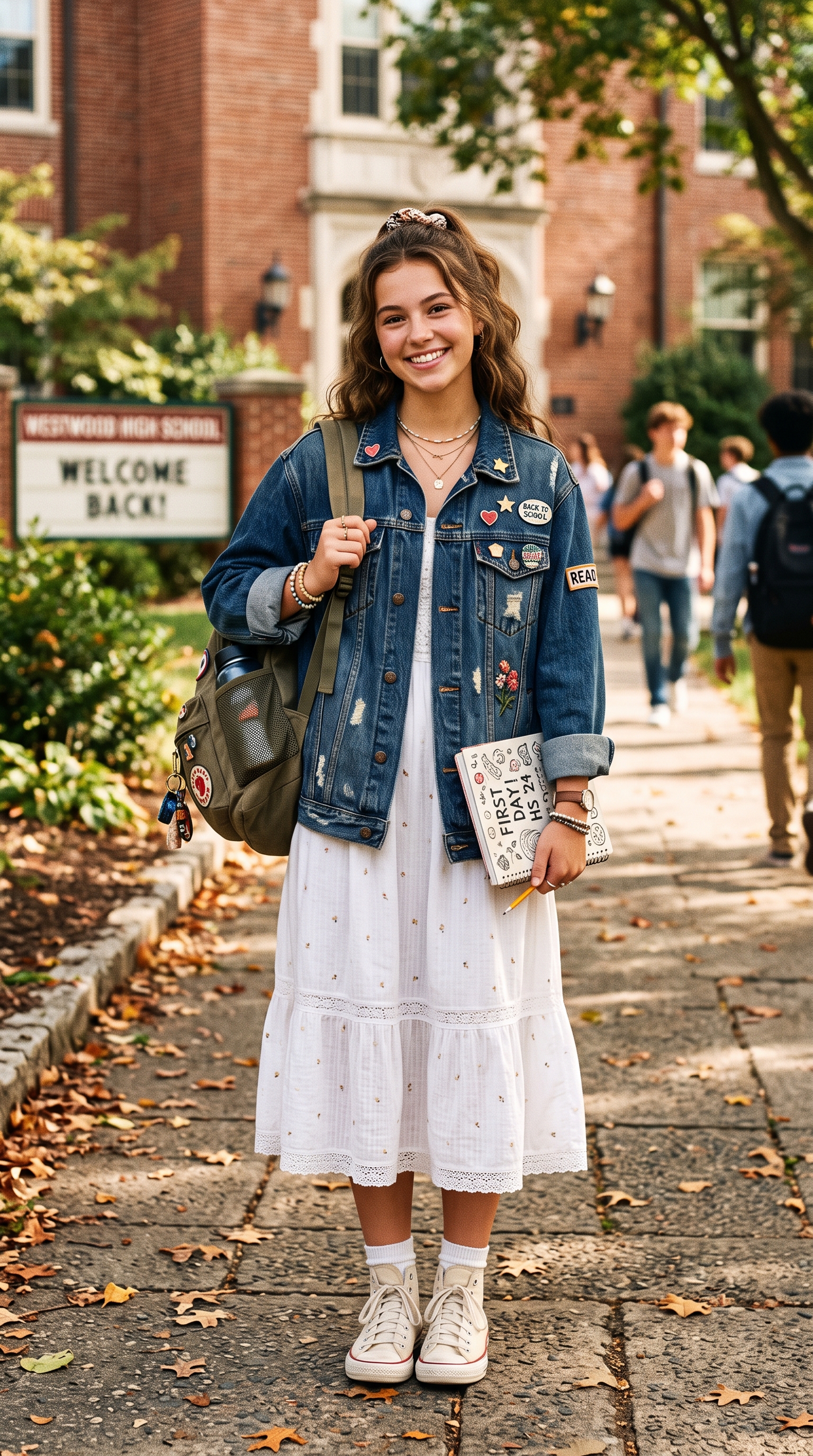 first day of school outfit highschool - Vintage Denim Jacket + White Sundress + Retro Canvas Sneakers (AI Generated Image)