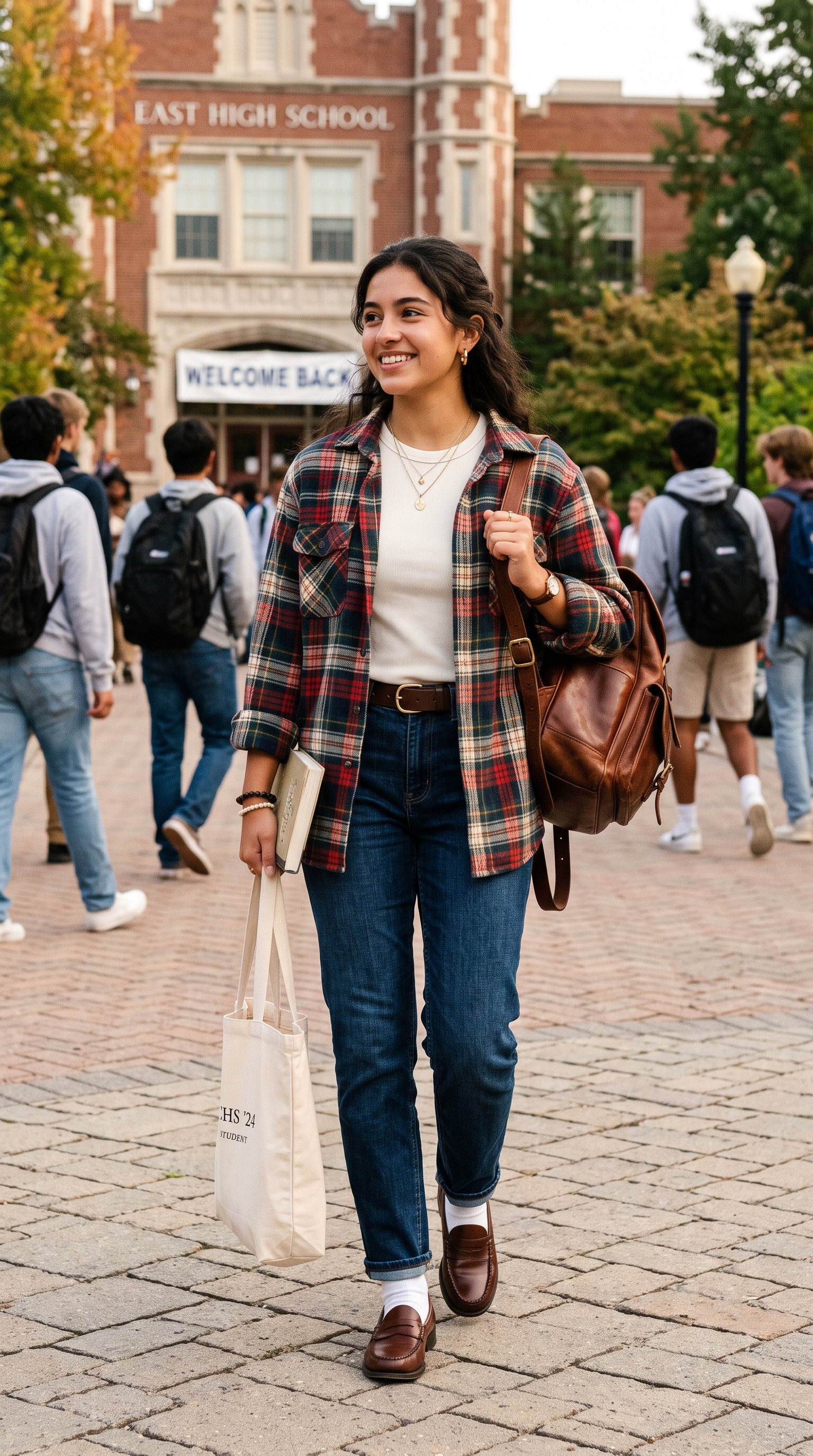 first day of school outfit highschool - Classic Plaid Shacket + Dark Wash Straight Jeans + Leather Accessories (AI Generated Image)