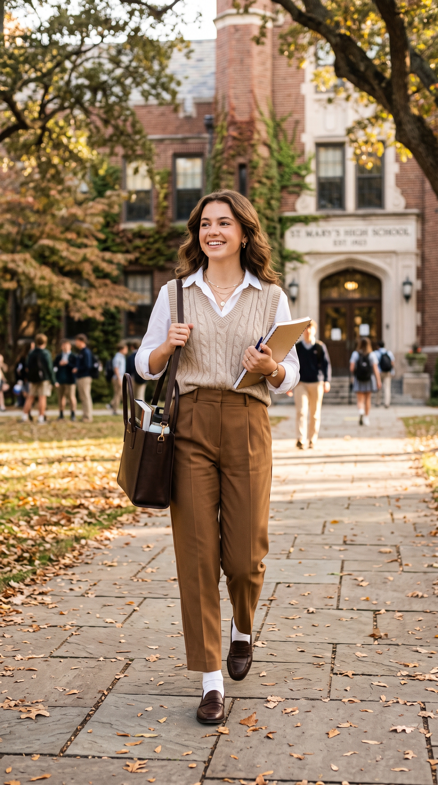 first day of school outfit highschool - Knit Vest + White Poplin Collared Shirt + Pleated Trousers (AI Generated Image)
