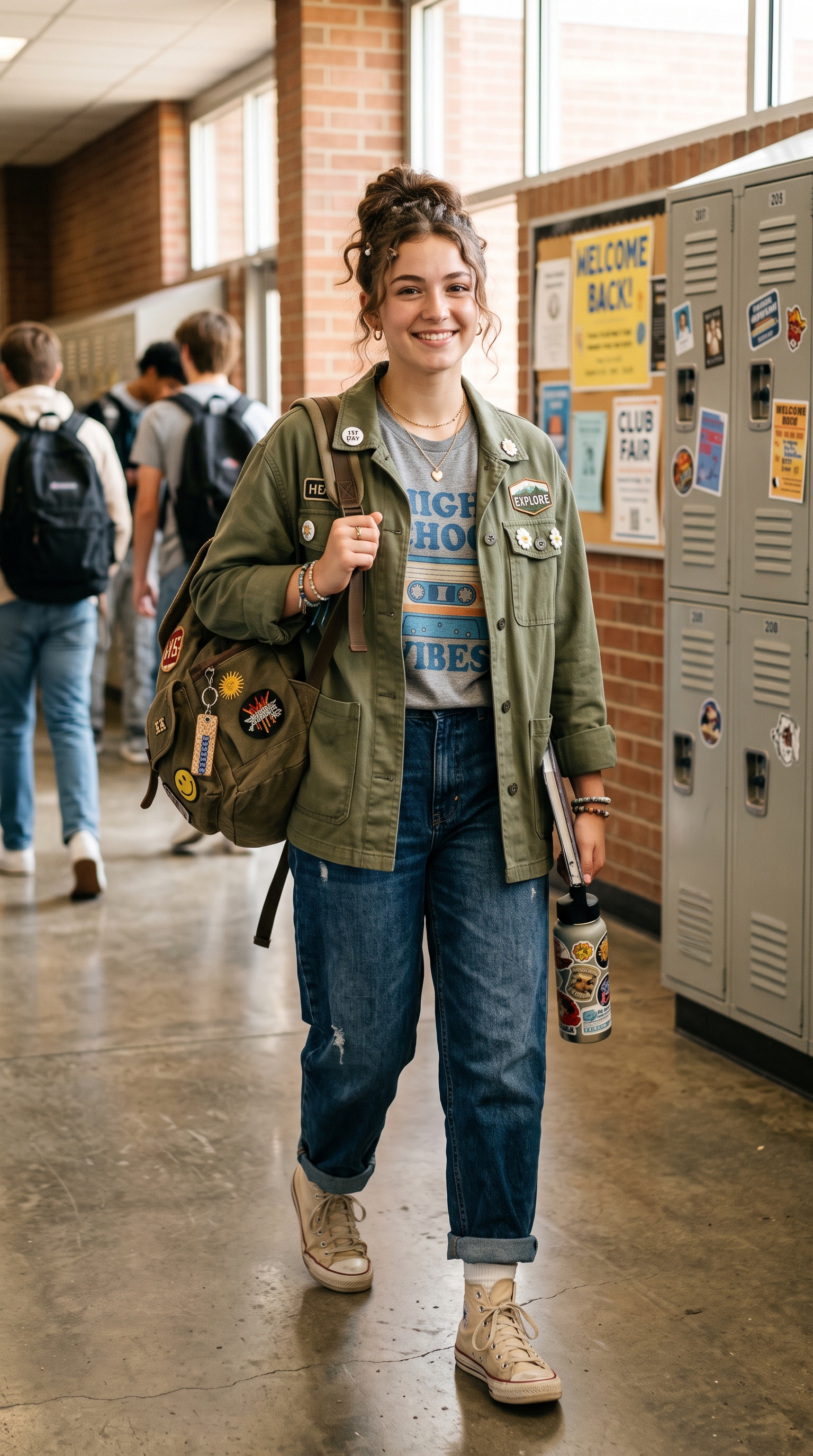 first day of school outfit highschool - Layered Utility Jacket + Graphic Tee + Baggy Jeans & Canvas Backpack (AI Generated Image)