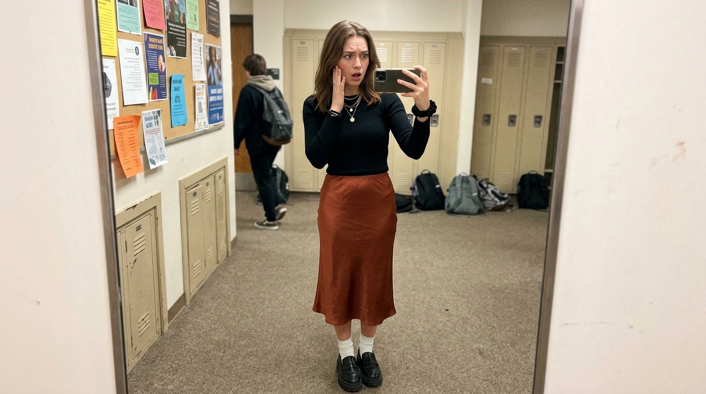 first day of school outfit highschool - Oversized Corduroy Shacket + Graphic Tee + Chunky Retro Sneakers (AI Generated Image)