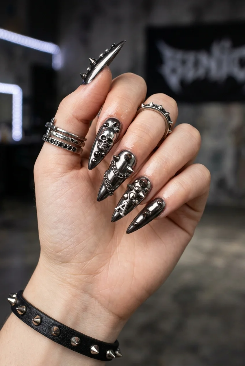 Giselle-Inspired Punk Stud & Spiked Rivet French Tips - aespa nail designs (AI Generated Image)
