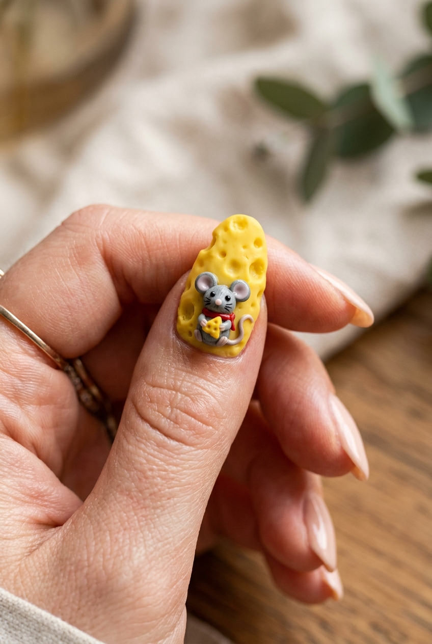 Goofy nails design with 3D sculpted Swiss cheese texture and cartoon mouse charm