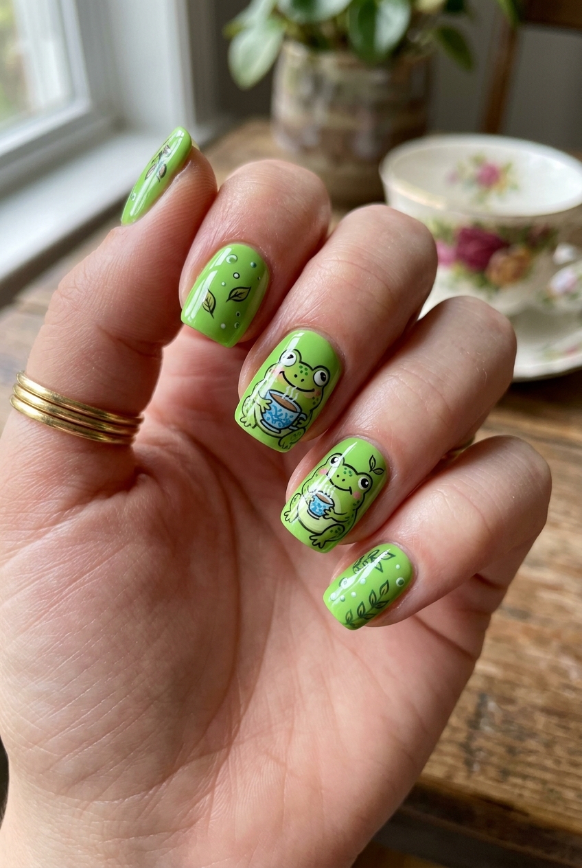 Goofy nails design featuring funny meme frog hand-painted art on lime green base