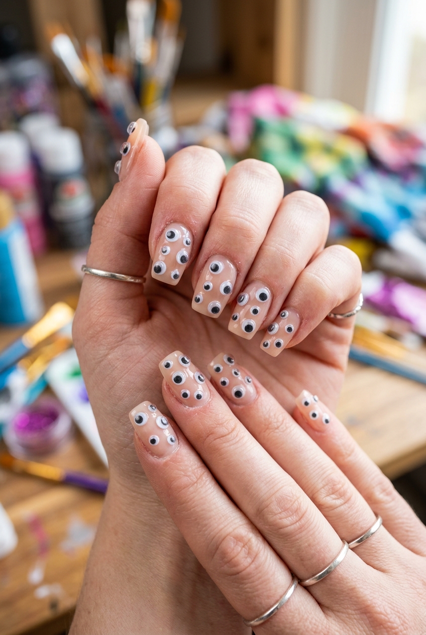 Goofy nails design featuring 3D mini googly eyes attached to sheer nude acrylics