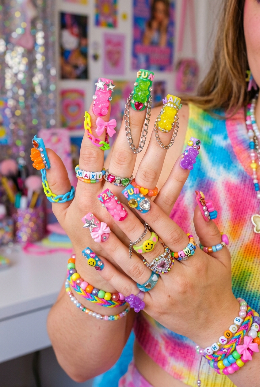 Goofy nails design featuring chaotic Y2K junk nail art packed with charms and chains