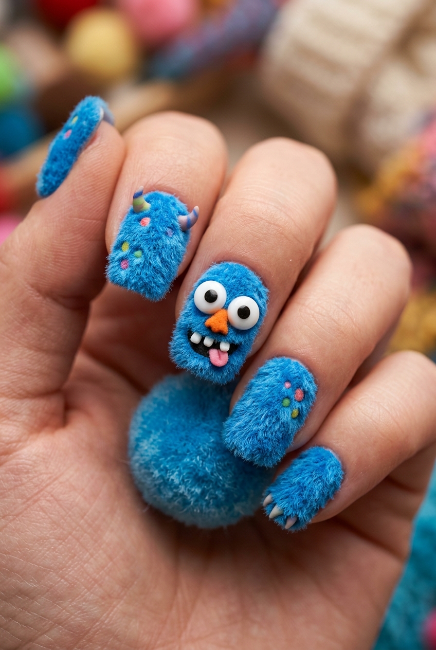 Goofy nails design showcasing fuzzy blue flocking powder monster fur texture