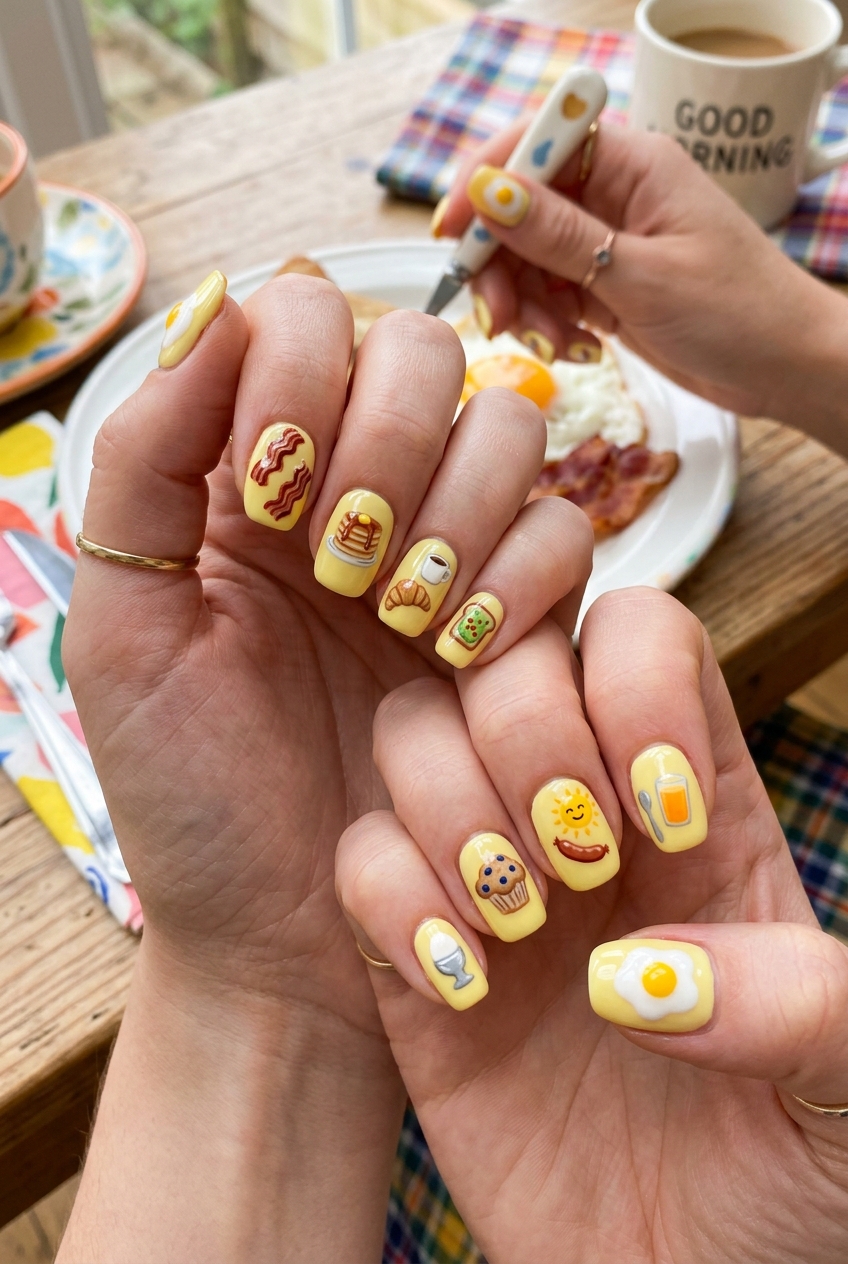 Goofy nails design with glossy hand painted fried egg and bacon breakfast motifs