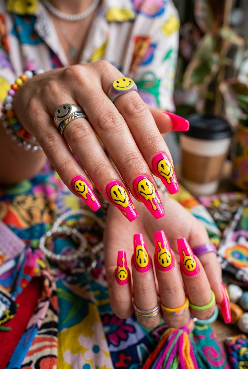 Goofy nails design featuring neon pink polish with trippy melting yellow smileys