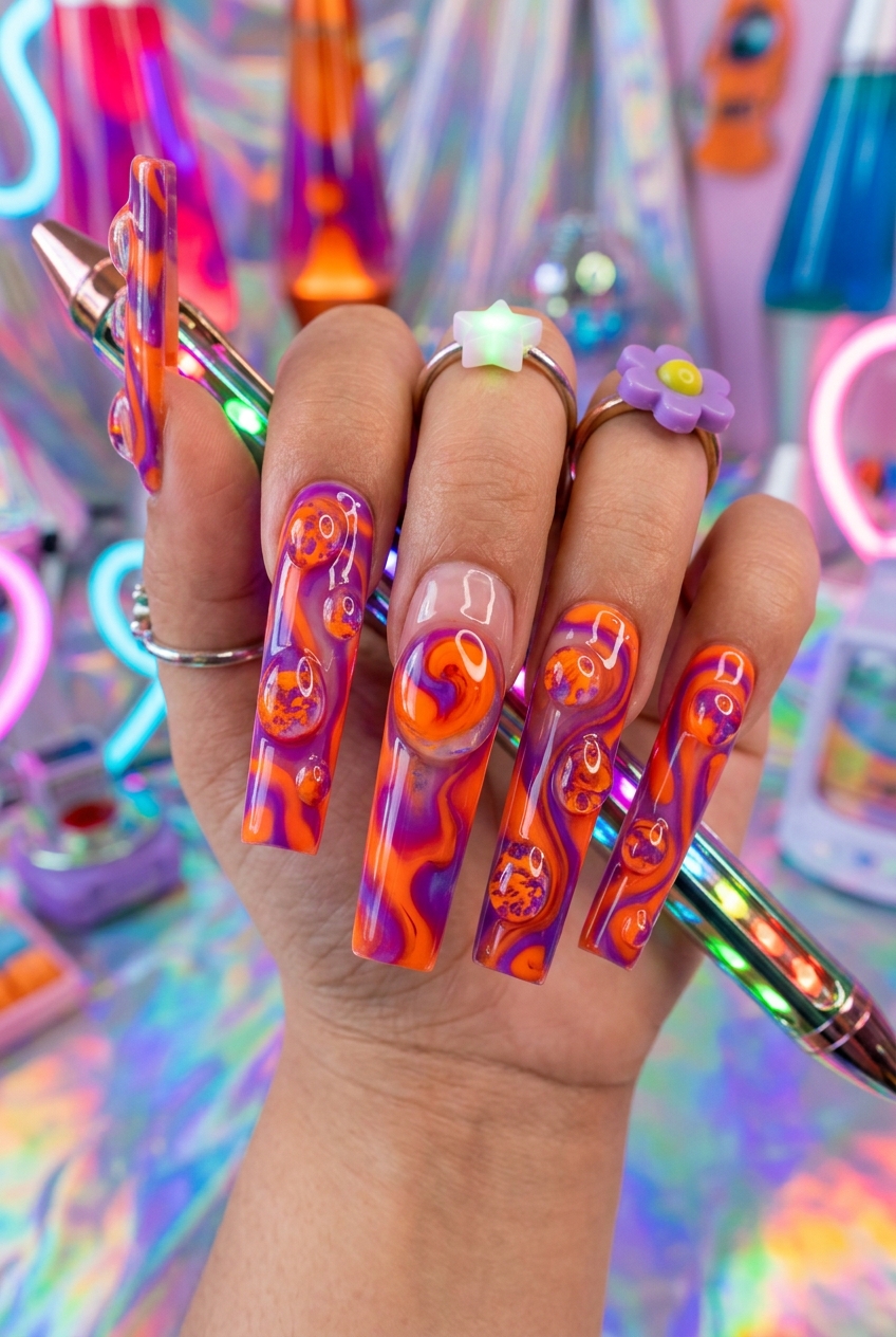 Goofy nails design with clear 3D water drop gel blobs containing lava lamp swirls