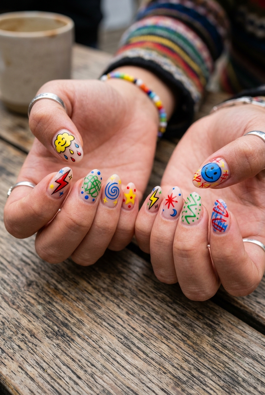 Goofy nails design where every nail features a different colorful hand-drawn doodle