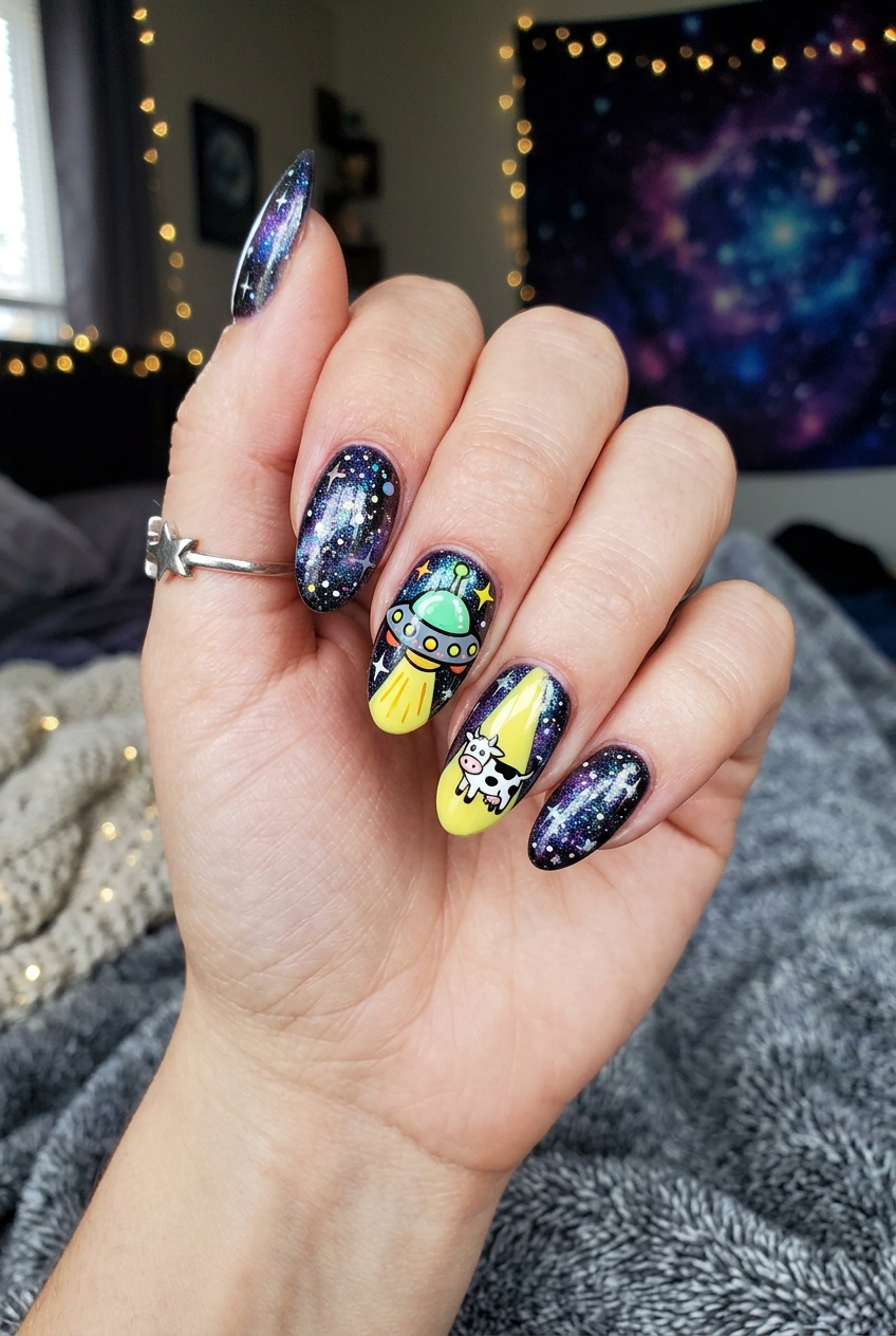 Goofy nails design featuring a cartoon UFO beaming up a tiny cow across accent nails