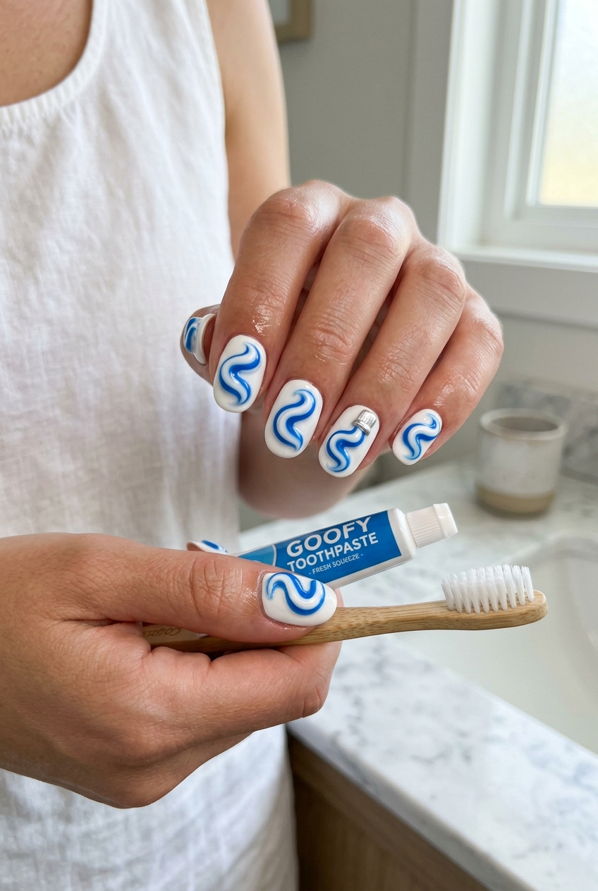 Goofy nails design with 3D white and blue striped gel sculpted like toothpaste swirls