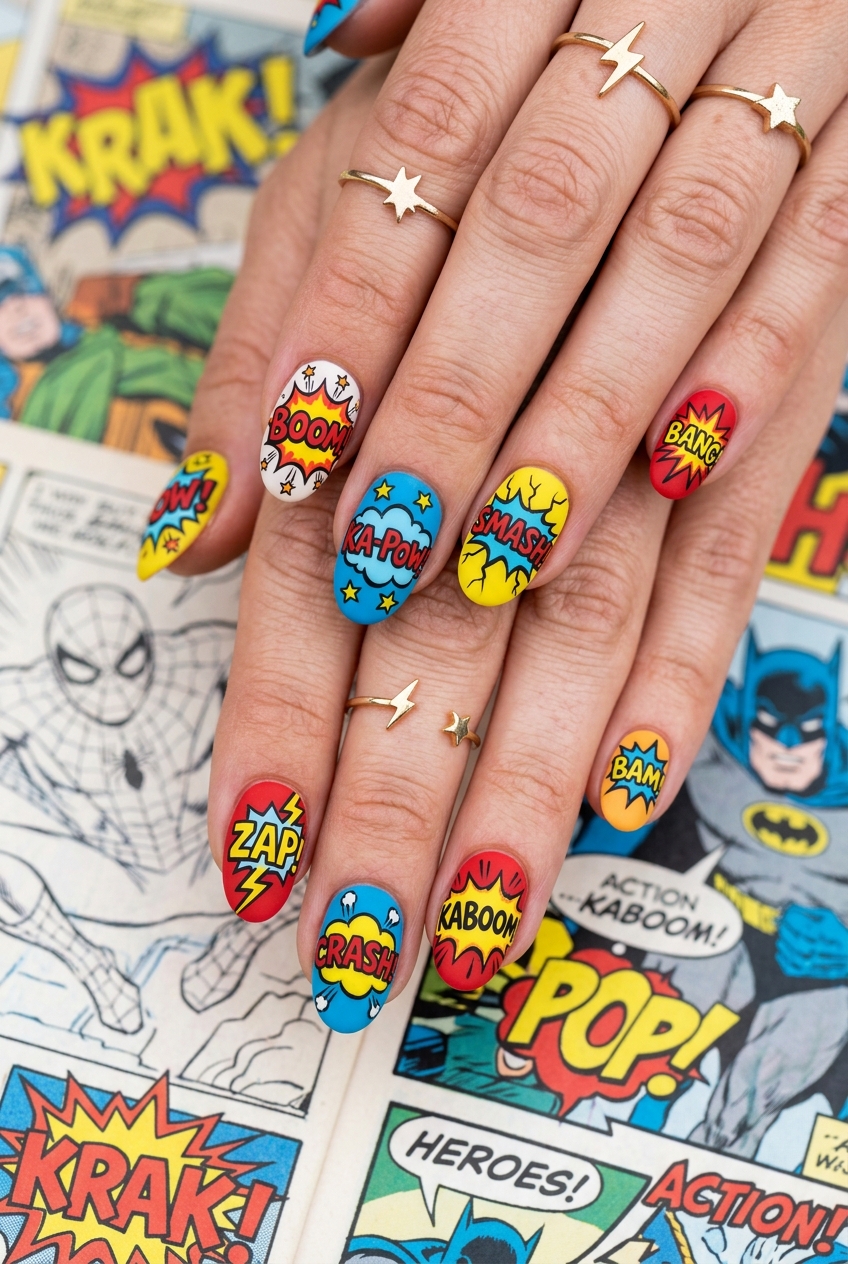 Goofy nails design displaying pop art comic book action bubbles with POW and BOOM