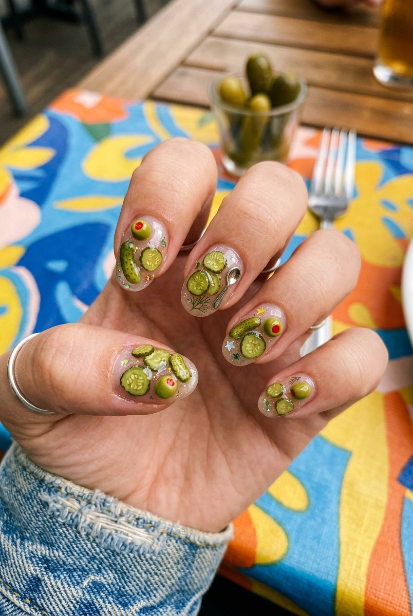 Goofy nails design decorated with miniature 3D dill pickle slices and green olives