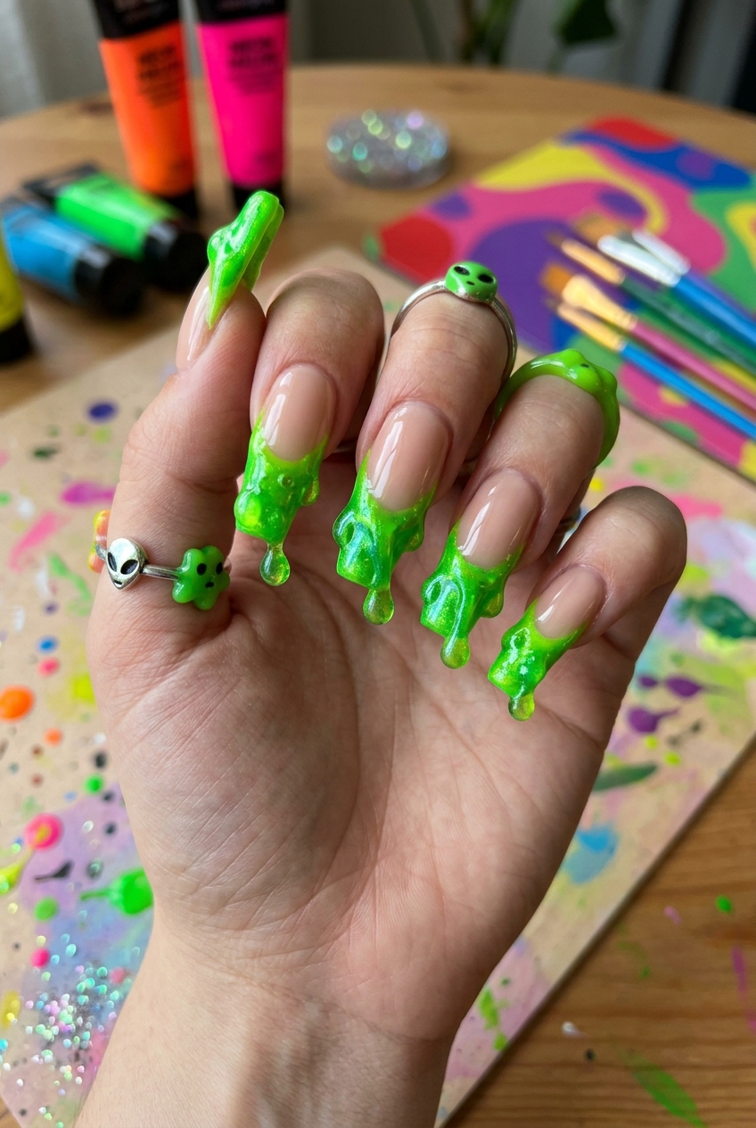 Goofy nails design rethinking classic french tips with toxic green dripping slime