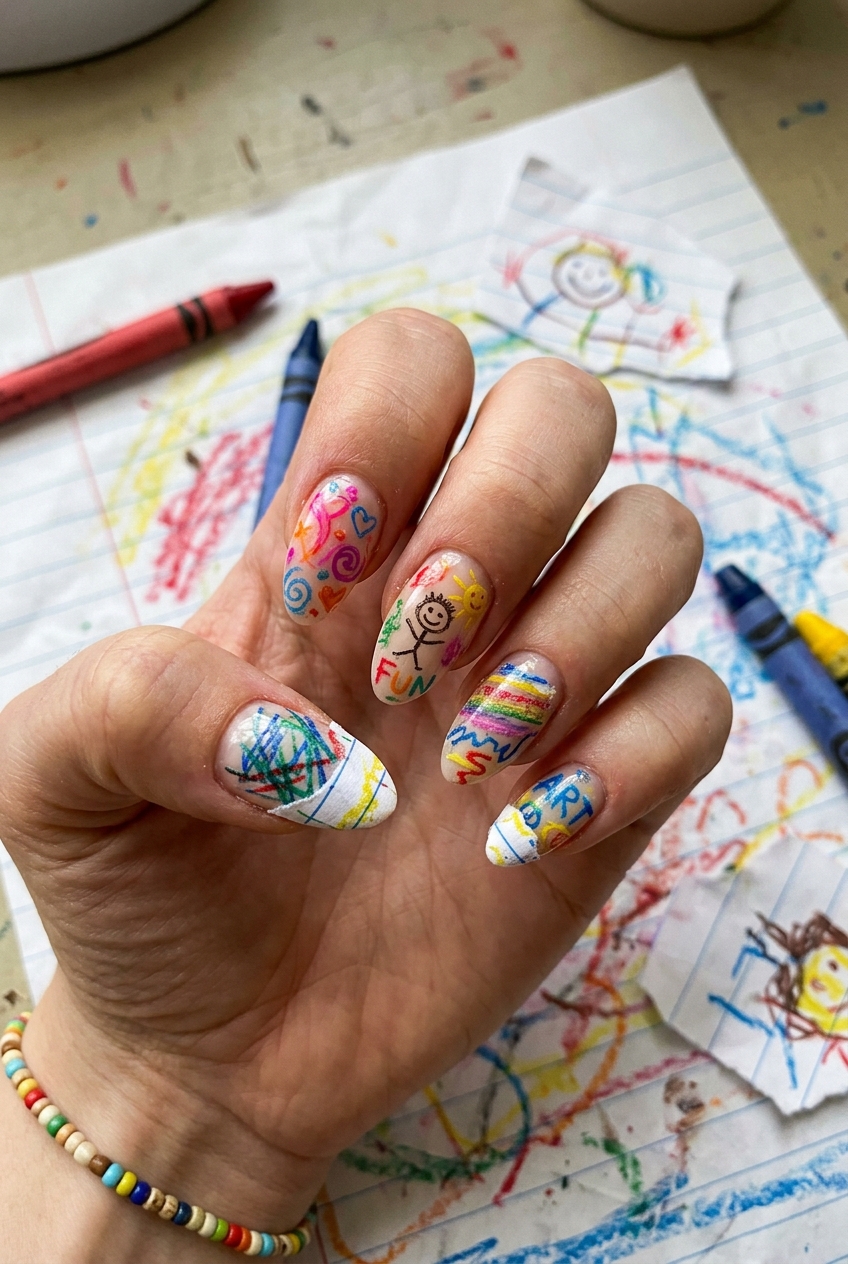Goofy nails design with realistic crayon texture marks and paper wrap details