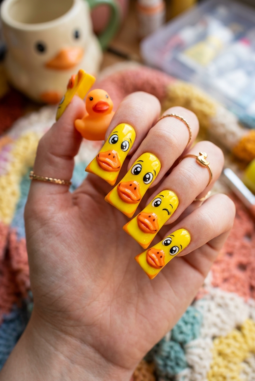 Goofy nails design showcasing wide flared duck bill shape painted in canary yellow