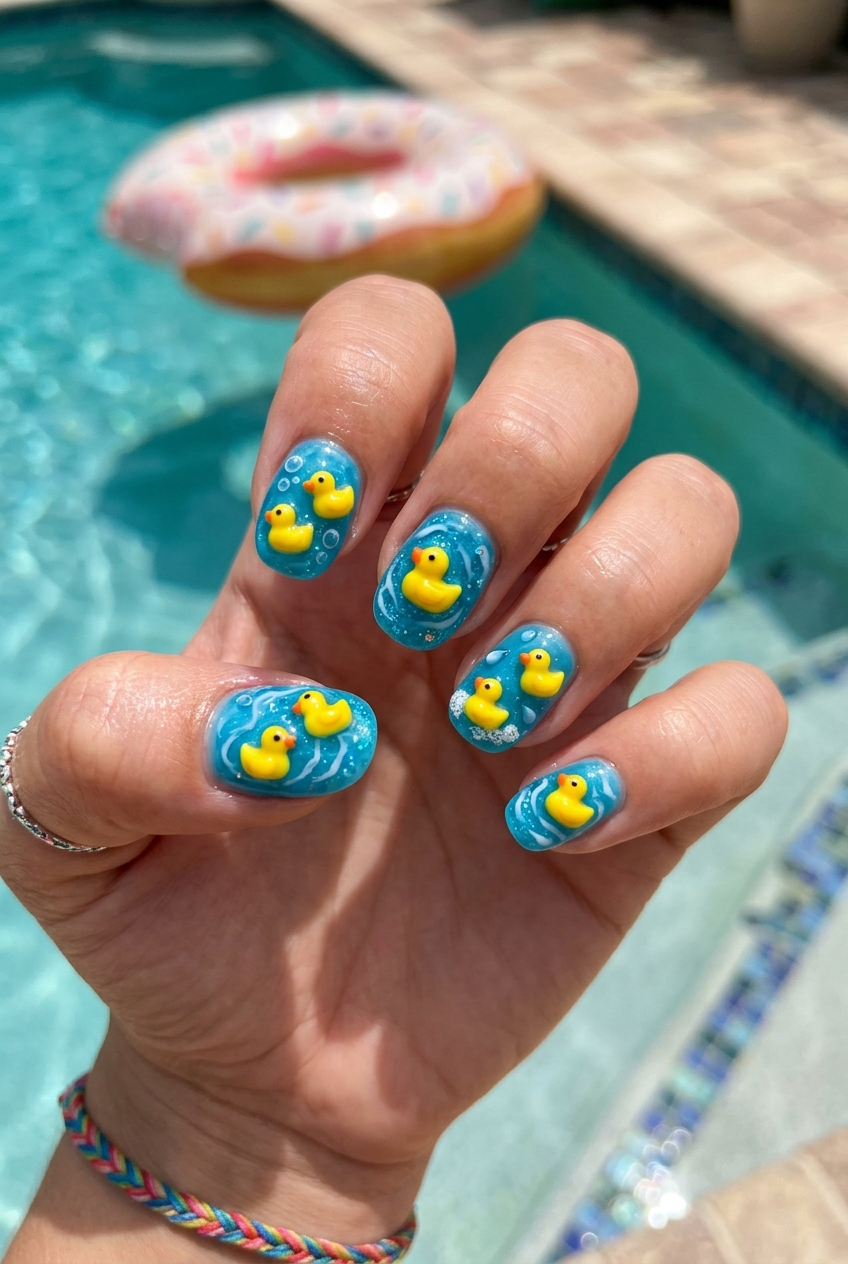 Goofy nails design featuring miniature yellow rubber duck charms on ripple blue gel