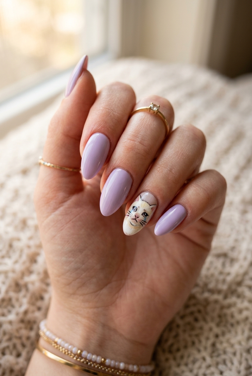 Goofy nails design featuring detailed hand-painted crying cat meme portrait