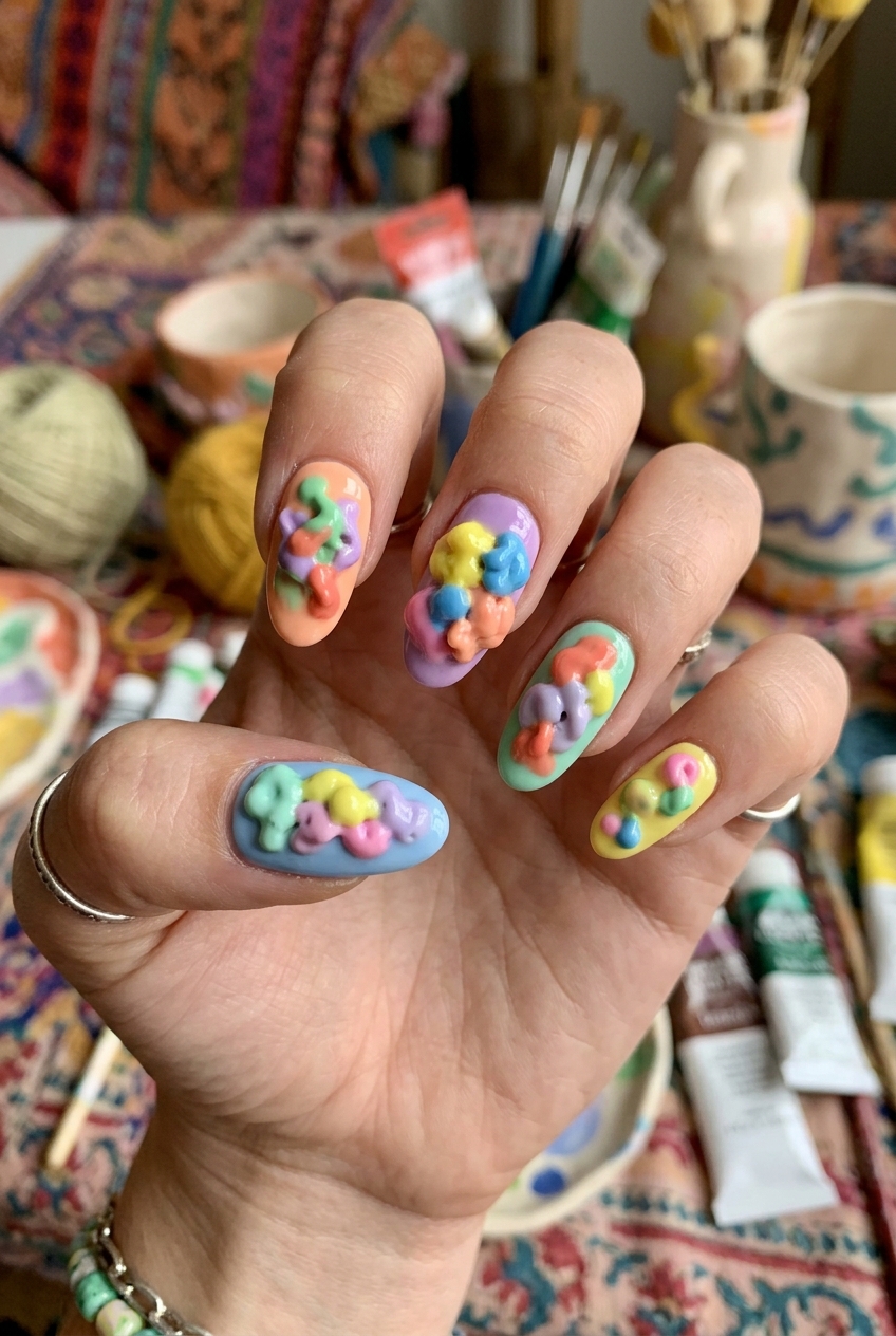 Goofy nails design with organic lumpy 3D clay blobs in clashing pastel tones