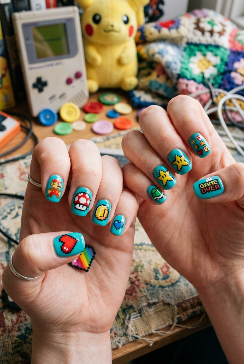 Goofy nails design featuring pixel art hearts and 8-bit characters on turquoise gel