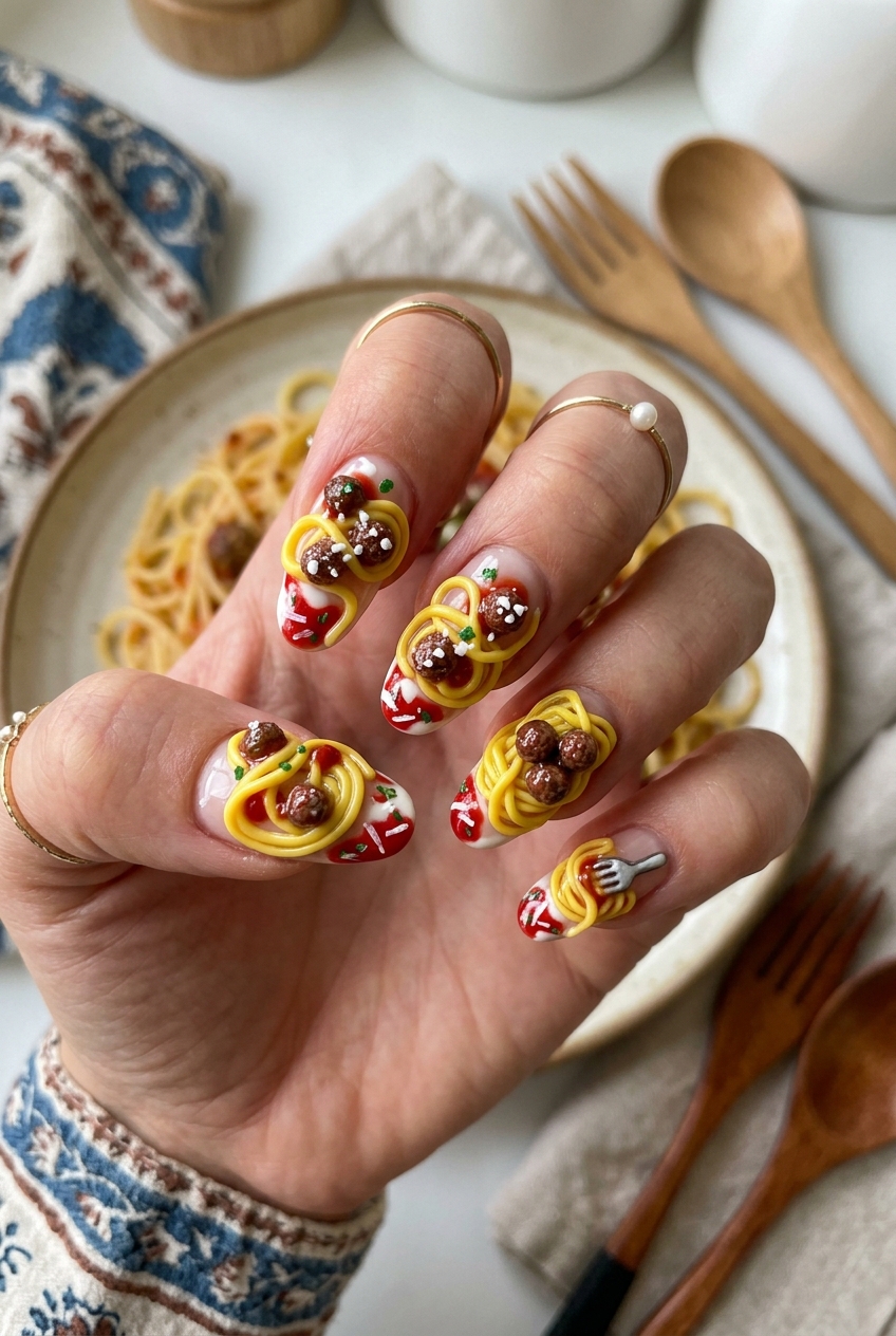 Goofy nails design with 3D sculpted spaghetti noodles and miniature meatballs