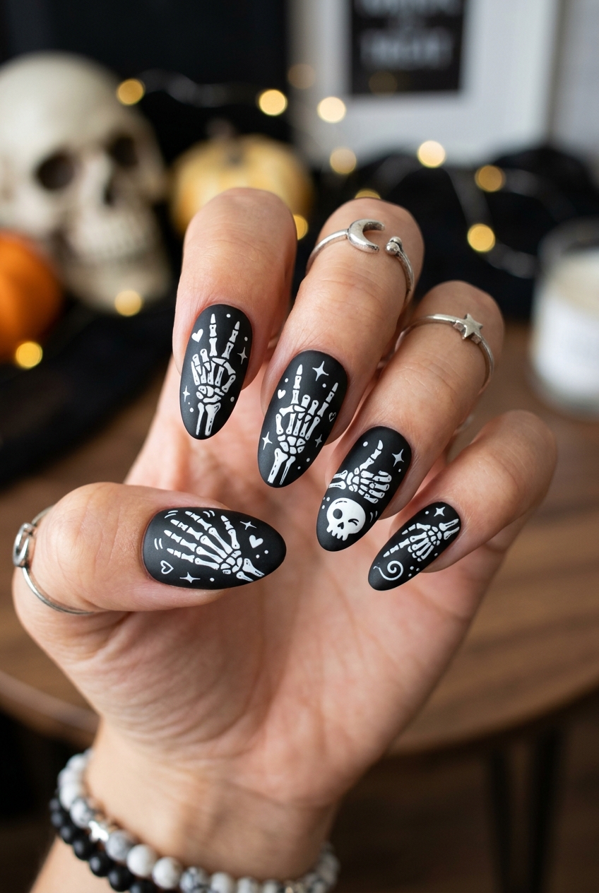 Goofy nails design featuring cartoon white skeleton hands striking funny poses