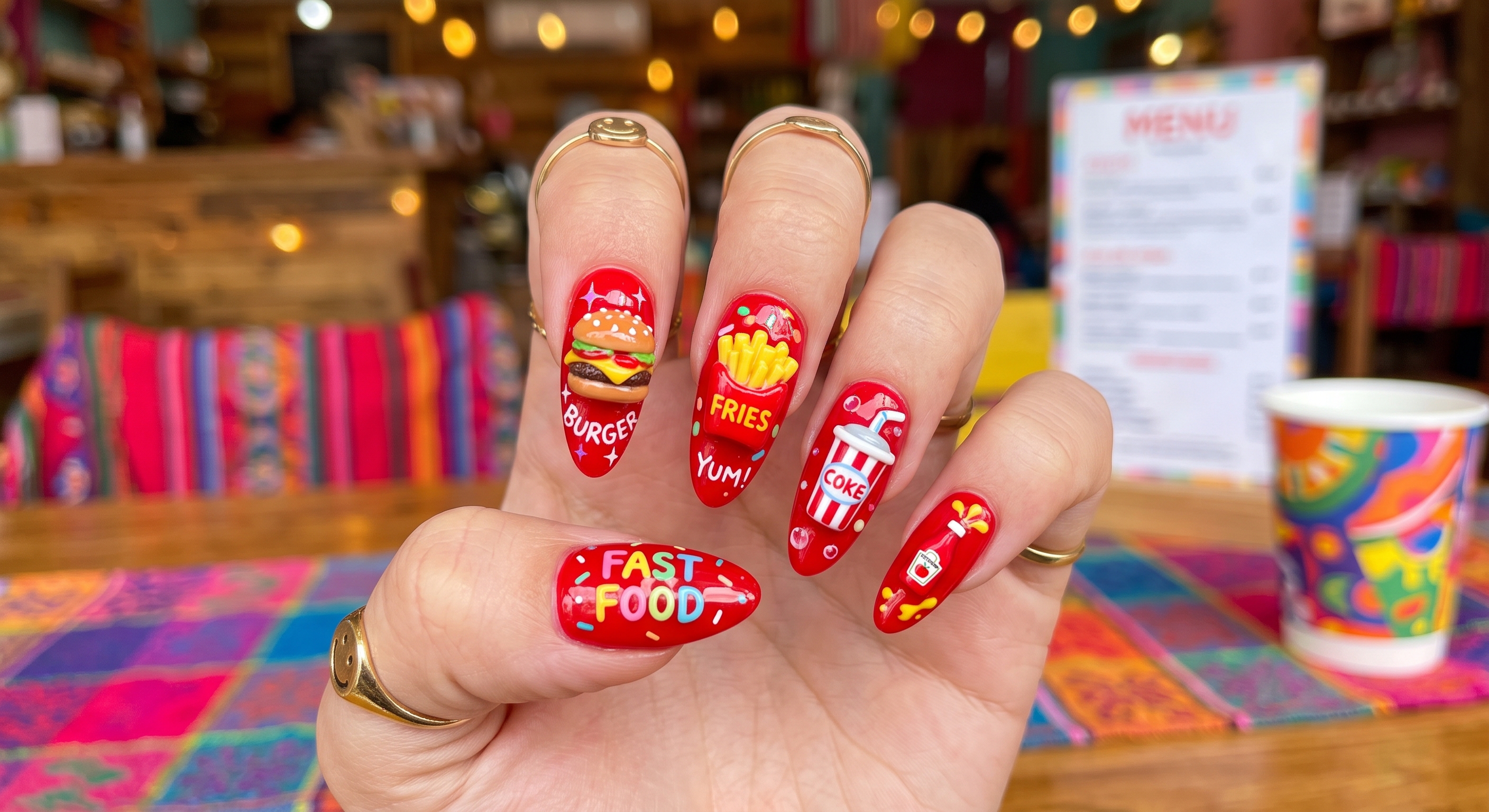 Goofy nails design decorated with tiny 3D cheeseburger, fry box, and soda cup charms