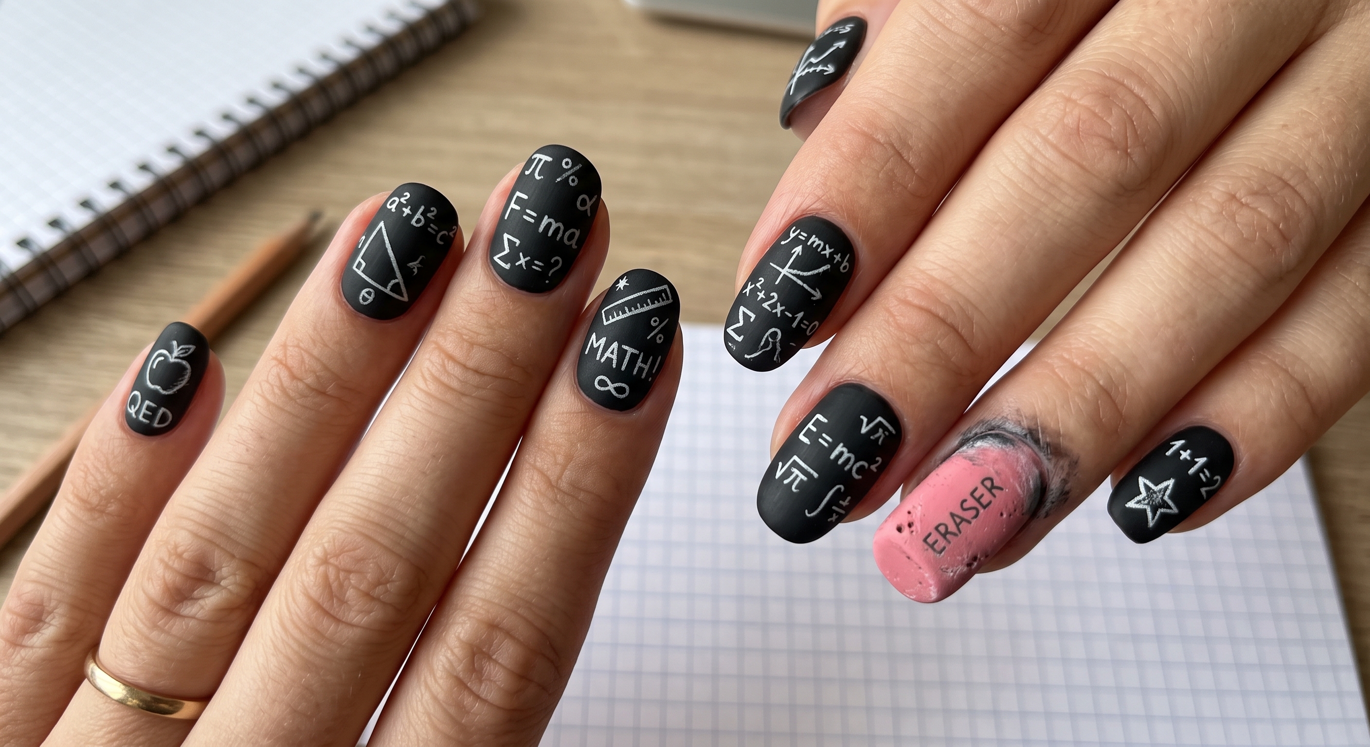 Goofy nails design featuring matte black chalkboard formulas with pink eraser tip