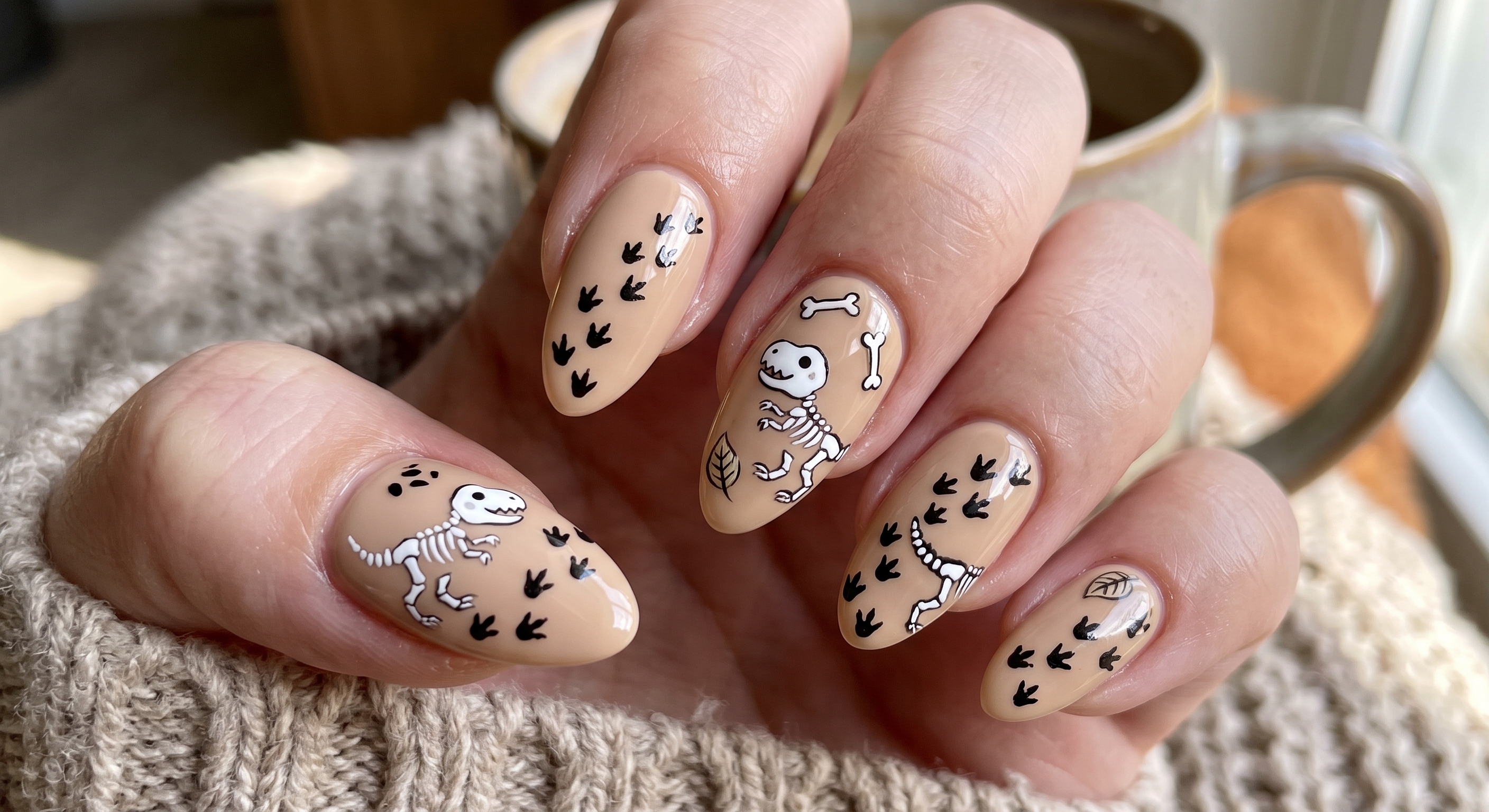 Goofy nails design displaying cartoon T-Rex skeleton roaming across beige nails
