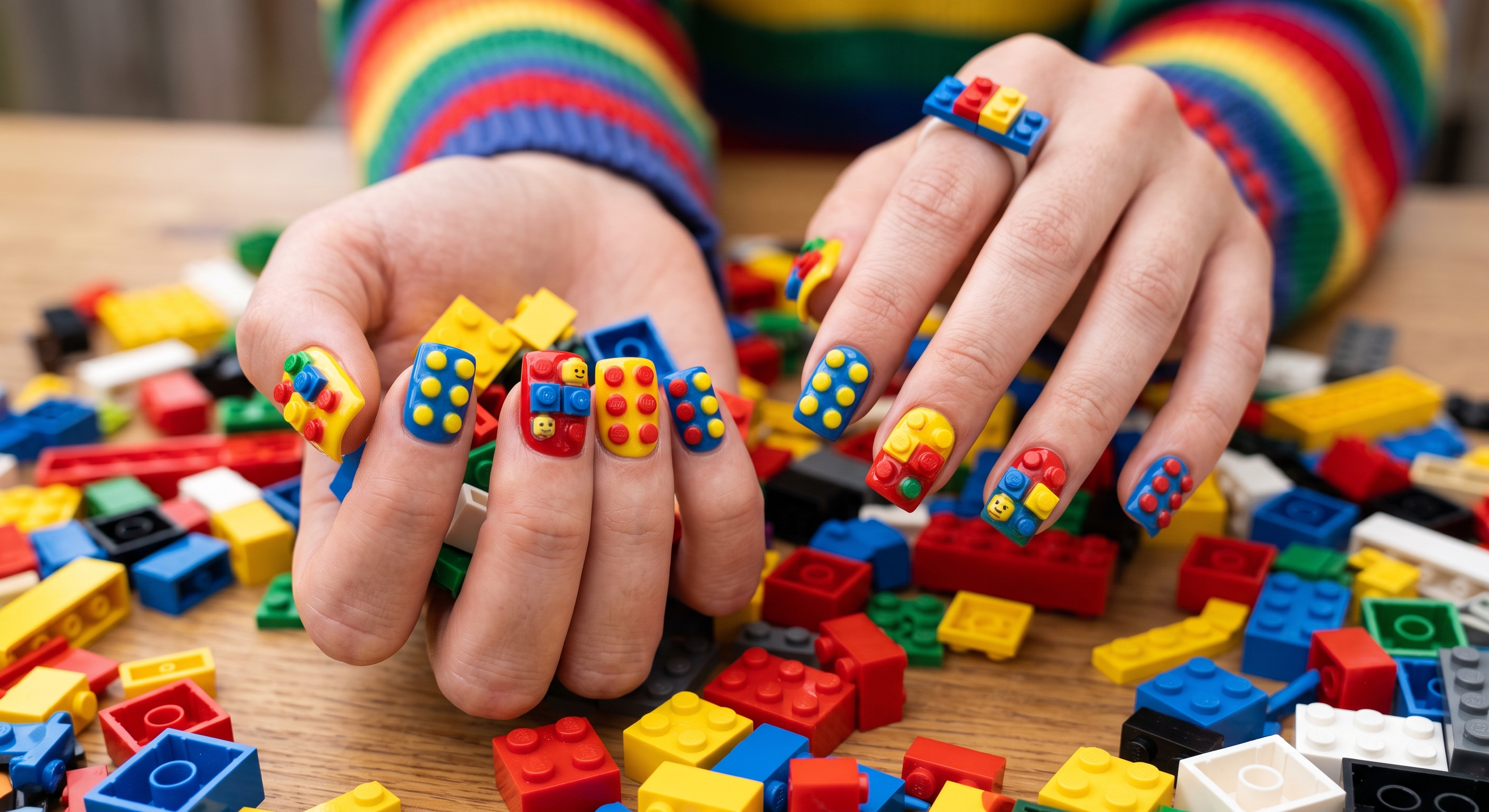 Goofy nails design featuring raised 3D Lego studs in primary colors on square nails