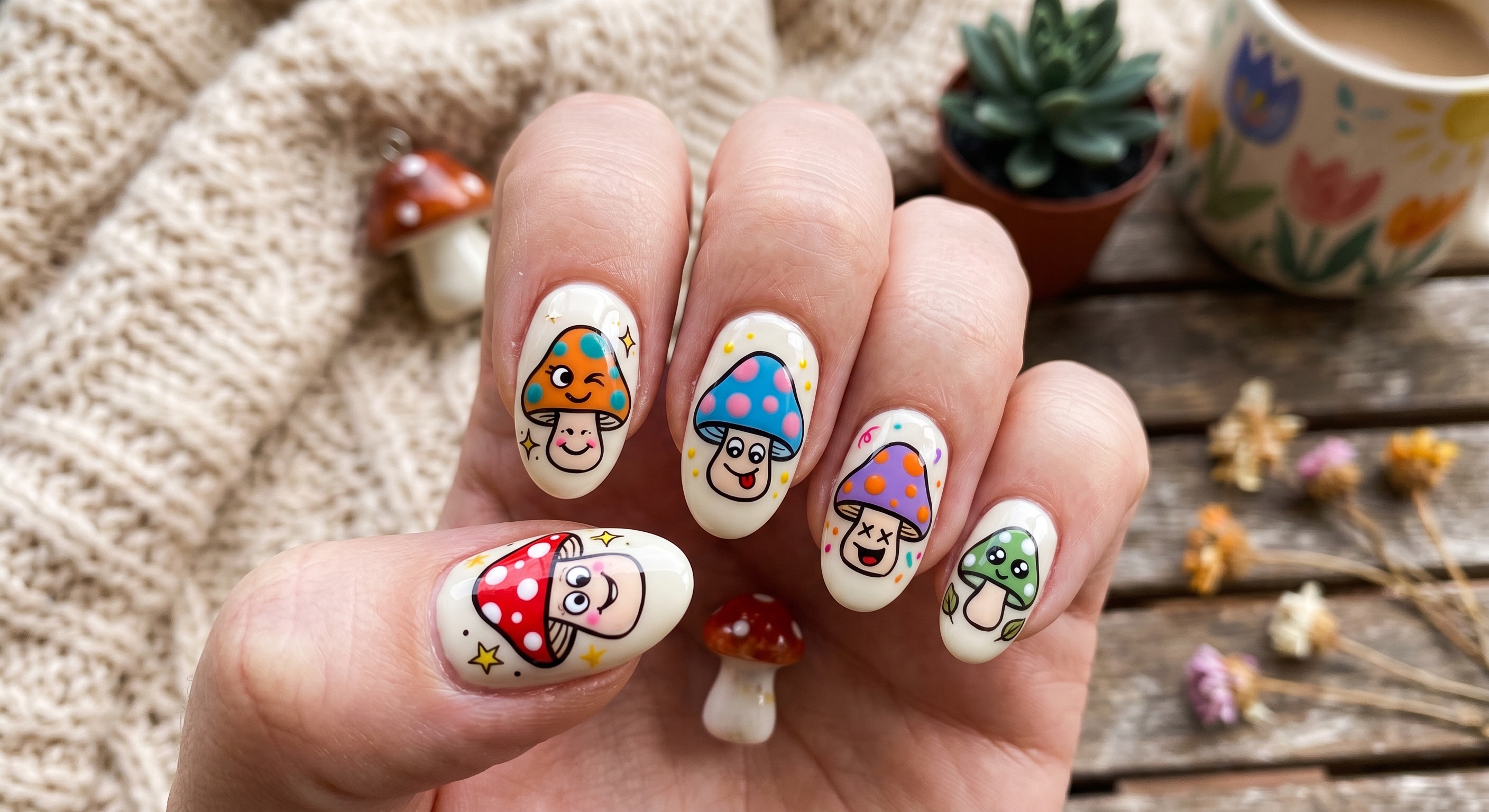 Goofy nails design with quirky cartoon toadstools having silly googly eyes