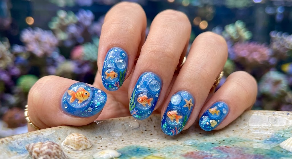 Goofy nails design featuring tiny goldfish charms suspended inside clear gel spheres