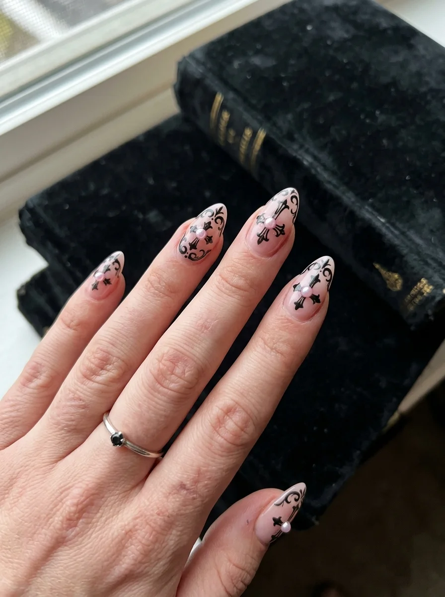 Gothic Black Crosses & Pink Pearl Embellishments on Almond Nails - blackpink nail designs (AI Generated Image)