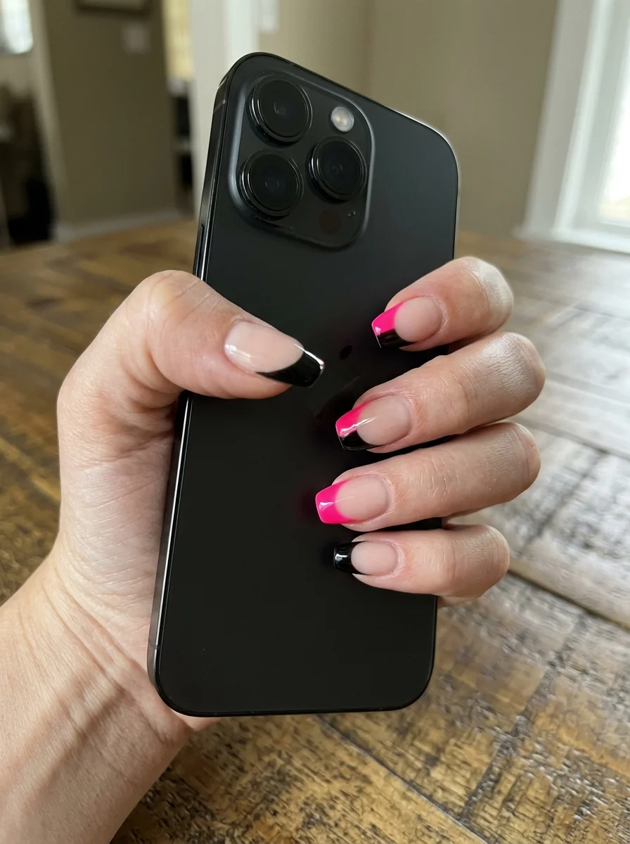 Half-and-Half Split French Tips with Hot Pink and Obsidian Black - blackpink nail designs (AI Generated Image)