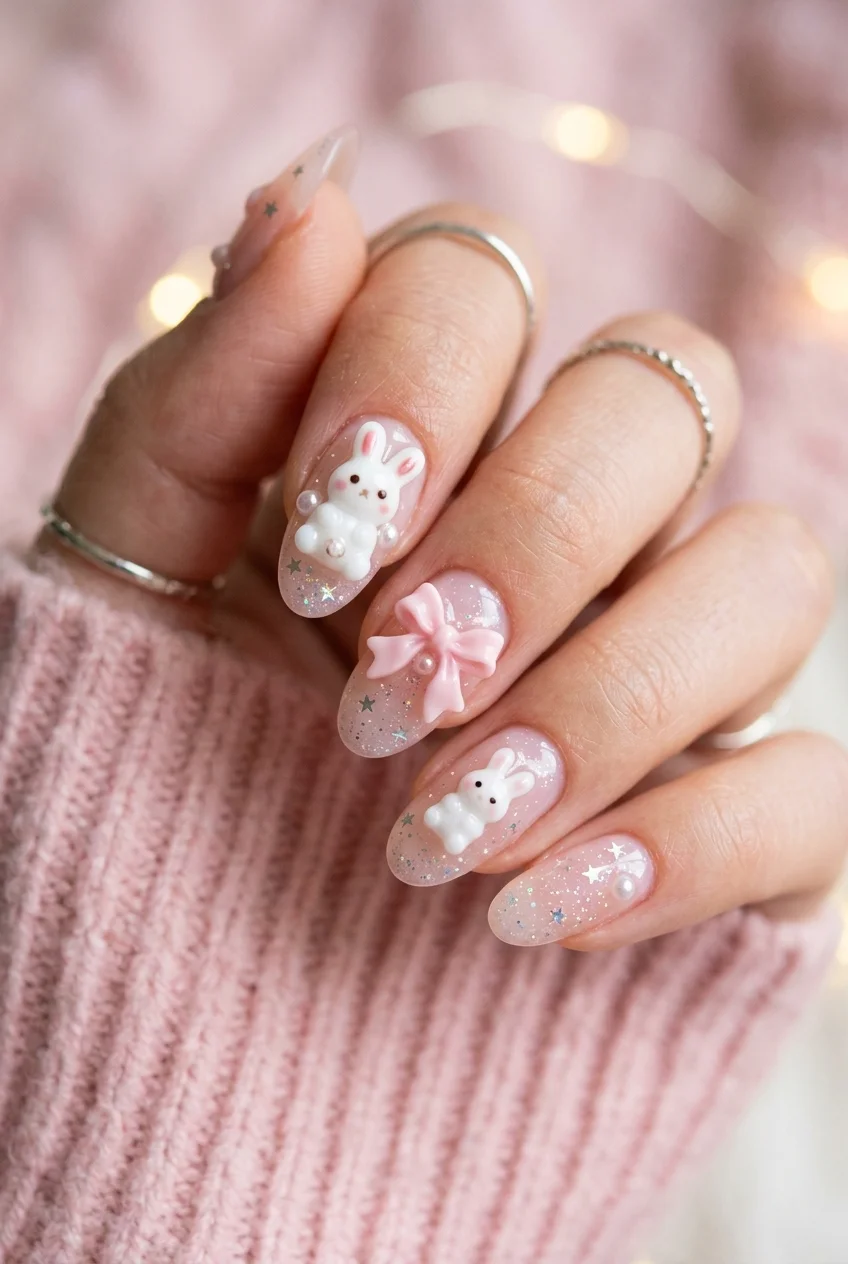 newjeans nail art hanni 3d tokki acrylic bunny charms on sheer pink nails (AI Generated Image)