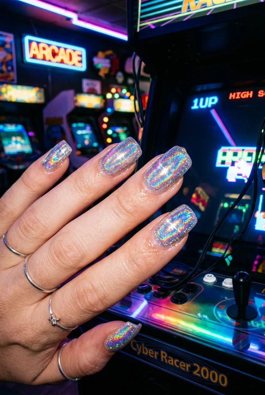 newjeans nail art holographic y2k cd rom prism and iridescent glaze nails (AI Generated Image)