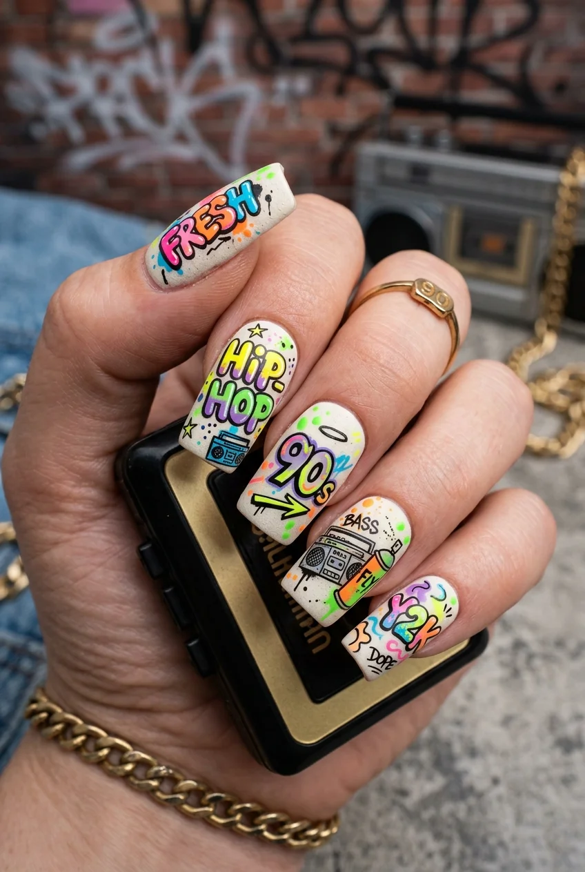 newjeans nail art how sweet retro hip hop graffiti doodle nails (AI Generated Image)