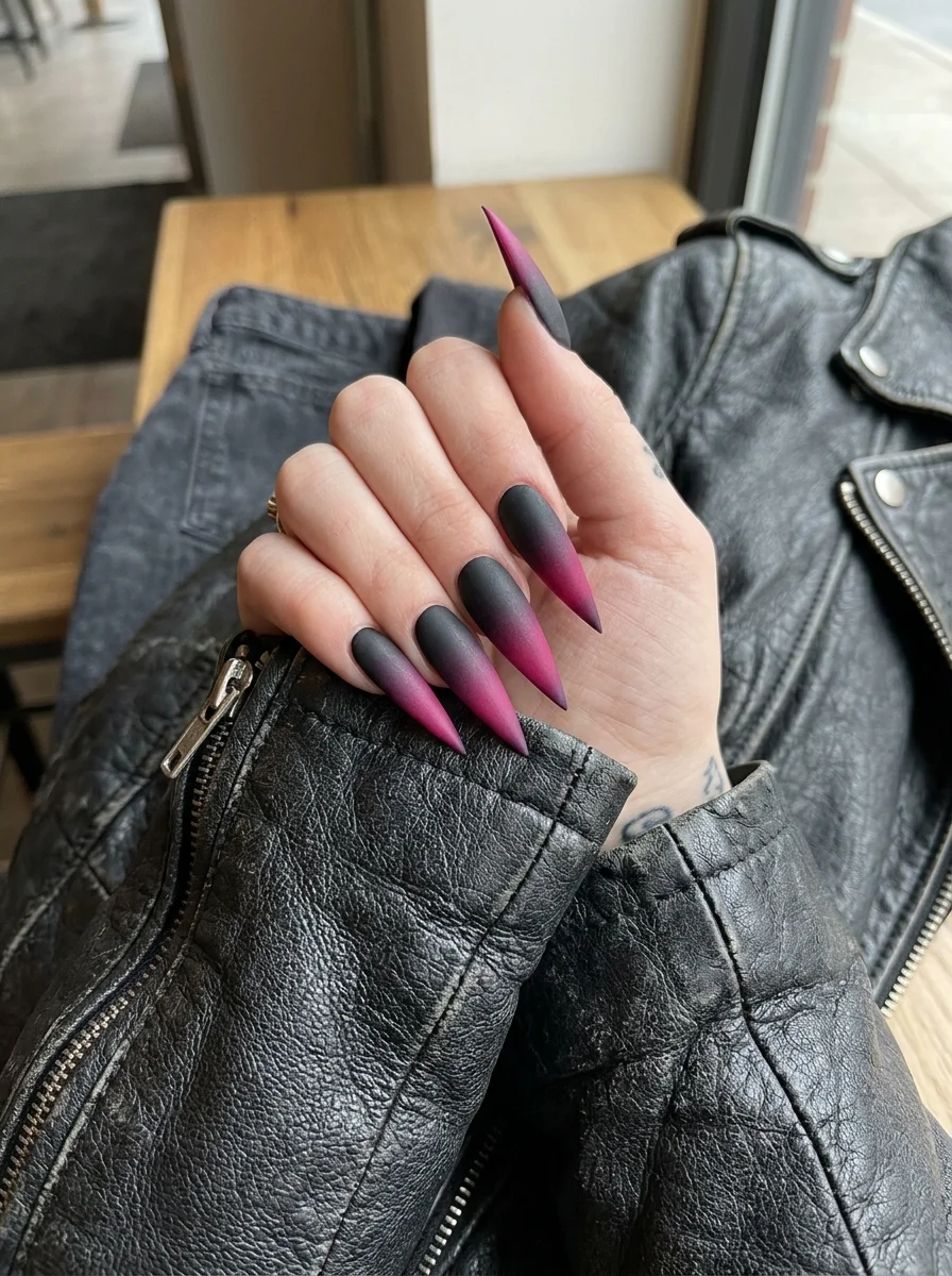 How You Like That Spiked Matte Black Nails with Pink Ombré Fade - blackpink nail designs (AI Generated Image)