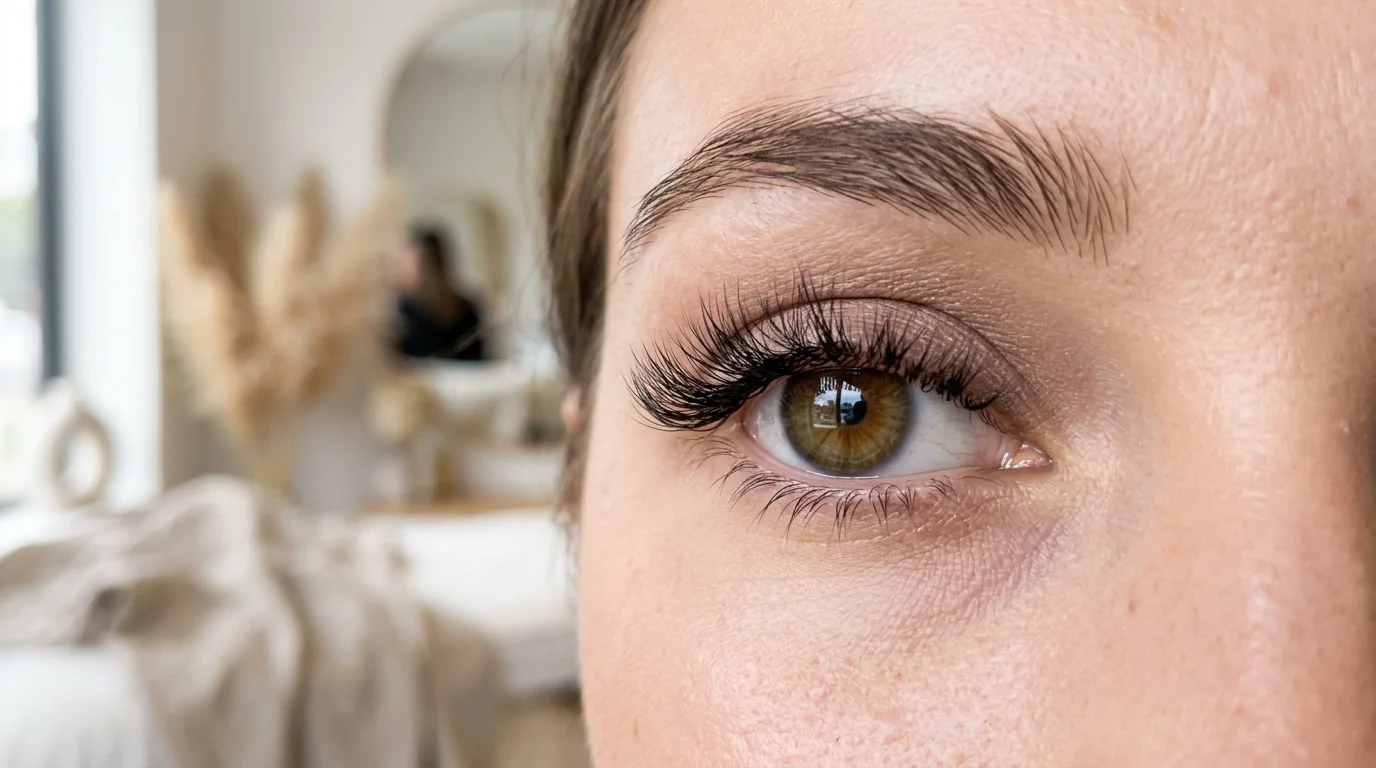 Close-up macro photo of wispy hybrid lash extensions with textured spikes and volume fans (AI Generated Image)
