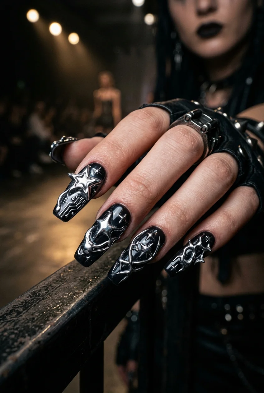 newjeans nail art hyein futuristic cyberpunk molten star nails (AI Generated Image)